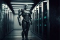 A cyborg guarding a data center server room