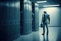 A cyborg guarding a data centre server room. Generative AI