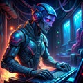 Cyborg Hacker in Futuristic Workspace