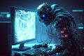 Cyborg hacker robot hacks into a computer. The concept of cybersecurity of the future