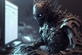 cyborg hacker robot hacks into a computer. cybersecurity of the future. Generative AI