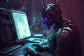 Cyborg hacker robot works at a computer in front of a monitor. Concept of cyber security