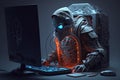 Cyborg hacker robot works at a computer in front of a monitor. Concept of cyber security