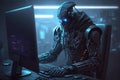 cyborg hacker robot works at a computer in front of a monitor. cyber security. Generative AI