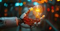 Cyborg hand with a burning bulb, epitomizing invention and breakthroughs Royalty Free Stock Photo