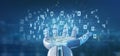 Cyborg hand holding a Data binary cloud 3d rendering