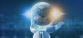 Cyborg hand holding a Earth globle particles 3d rendering Royalty Free Stock Photo