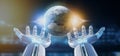 Cyborg hand holding a Earth globle particles 3d rendering Royalty Free Stock Photo