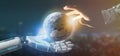 Cyborg hand holding a Earth globle particles 3d rendering Royalty Free Stock Photo