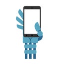 Cyborg hand and phone. Robot and gadget. Artificial Intelligence Royalty Free Stock Photo