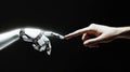 Cyborg hand reaches toward human hand in a moment of connection Royalty Free Stock Photo