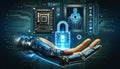 cyborg hands with digital padlock on digital microcircuits background to secure data. Cyber security