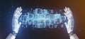 Cyborg holding a Cloud of blockchain cube and binary data 3d rendering