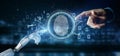 Cyborg holding a Digital fingerprint identification and binary code 3d rendering