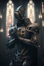 Cyborg human praying in church digital art