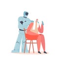 Cyborg Massaging Shoulders of Senior Man Sitting on Chair Drinking Bottled Water after Sports Workout. Robot Assistance