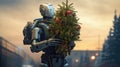 A cyborg mechanical robot carries a Christmas tree decorated with lights and ornaments.