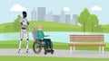 Cyborg with old man outdoor vector illustration. Mechanical caregiver and disabled senior in wheelchair on walk in park