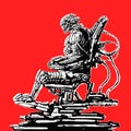 Cyborg pilot sits in suit on his iron throne. Vector illustration.