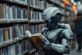 Cyborg reading book in library robot standing in front of shelf with books