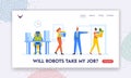 Cyborg Replace People at Job Landing Page Template. Artificial Intelligence Robot Replace Employee Character at Work