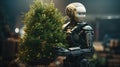 A cyborg robot carries a Christmas tree. New delivery technologies for the new year