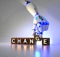 Cyborg robot hand changes text cube from change to chance - ai concept