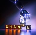 Cyborg robot hand changes text cube from change to chance - ai concept