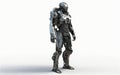 Cyborg, robot and iron warrior on mockup in futuristic war, cyberspace battle or android machine against white studio Royalty Free Stock Photo