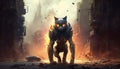 cyborg robot military cat on street of city of future in post-apocalyptic cyberpunk war. Generative AI illustration