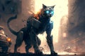 cyborg robot military cat on street of city of future in post-apocalyptic cyberpunk war. Generative AI illustration