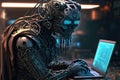 Cyborg robot is typing on laptop keyboard. Concept of future of artificial intelligence