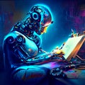 Cyborg sitting in front of a laptop and drawing with pencils. 3d rendering Generative AI