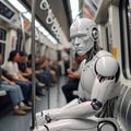 A cyborg sitting in a subway train with other passengers