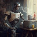 Cyborg sitting at a table next to retro-futuristic gadgets and coffee pot