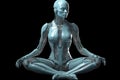 Cyborg sitting in yoga pose on black background. 3D illustration.