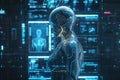Cyborg standing in control room space ship. Robotics artificial intelligence technologies cyborg, military combat