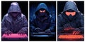 cyborg typing on keyboard. hacker cyberpunk vertical dark background, glasses cloak hood neon pink blue orange color