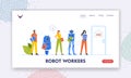 Cyborg VS People Workers Landing Page Template. Robots and Human Applicants Characters Stand in Queue Waiting Interview