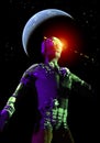 Cyborg warrior, light effects, dark sky with stars and planet, 3d illustration