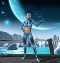 Cyborg woman on alien planetary system, robot girl in a blue metallic suit, 3d illustration