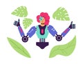 Cyborg woman with bionic and mechanical body parts, flat vector isolated.