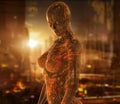 Cyborg woman character with transparent skin