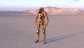 Cyborg worker, humanoid robot in desert with mountains in the background, mechanical android, 3D render