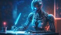 Cyborg working on a computer. Artificial intelligence concept. 3D Rendering