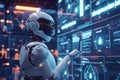 Cyborg working on holographic in control room space ship. Robotics artificial intelligence technologies cyborg, military combat