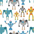 Cyborgs seamless pattern. Background of lovely colored robots. M