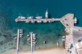 Ios island, marina port aerial drone view. Greece, Cyclades Royalty Free Stock Photo