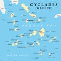 Cyclades, group of Greek islands in the Aegean Sea, political map