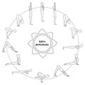 Cycle exercise in yoga sun salutation. Silhouette outline. Vector Royalty Free Stock Photo